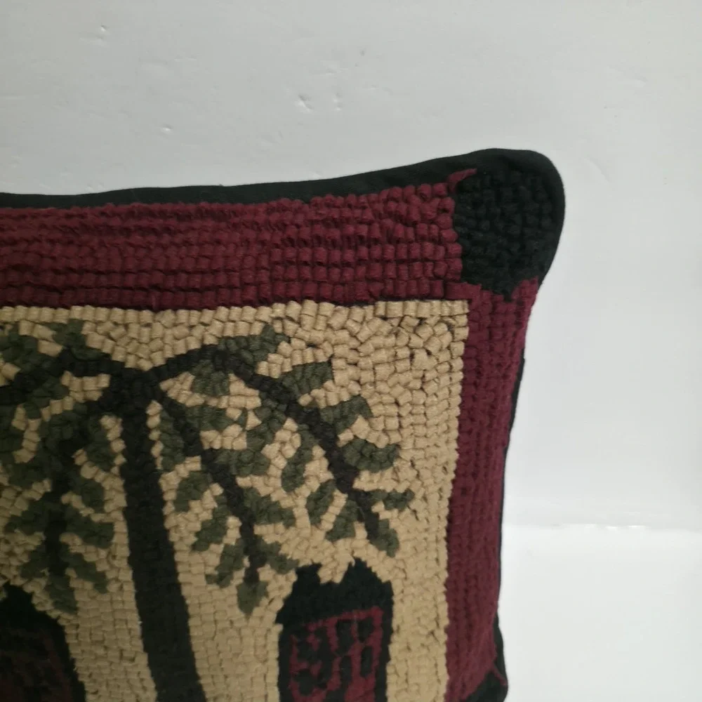 Primitive Folk Art Hooked Wool Pillow Willow Tree Saltbox House Country Decor